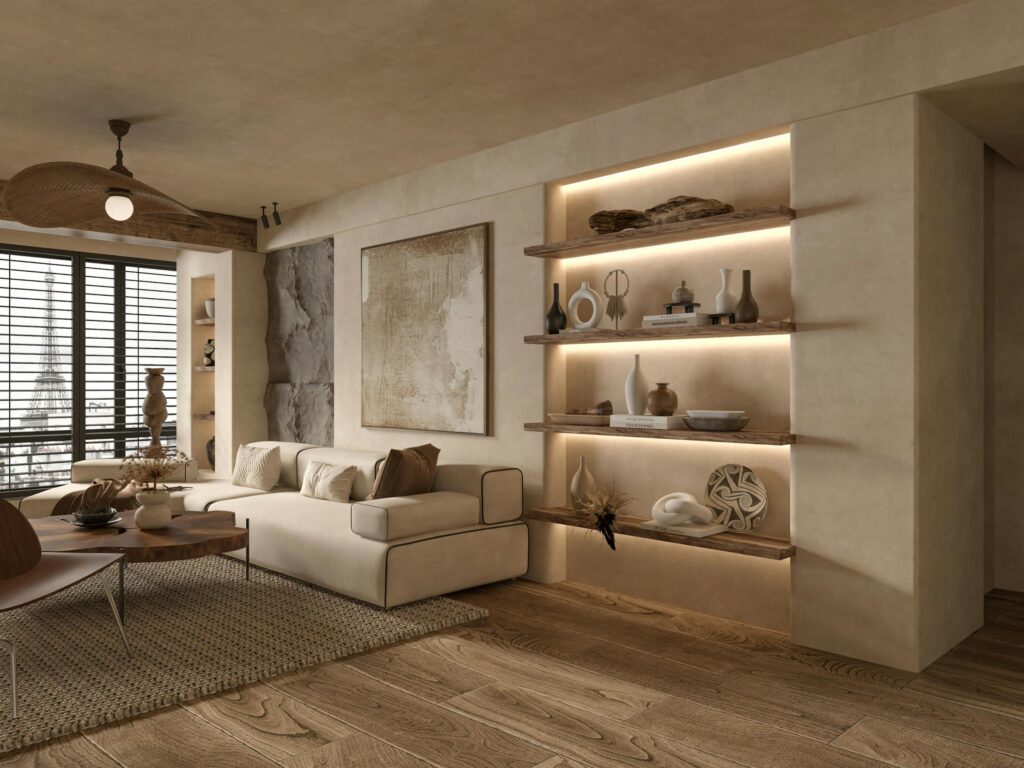Elegant minimalist living room with a luxurious interior design overlooking the Eiffel Tower, featuring modern decor and warm lighting.