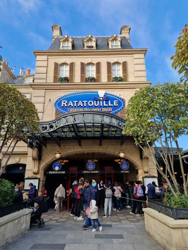 Visitors gather at the entrance of the Ratatouille ride, Disneyland Paris, a popular family attraction.