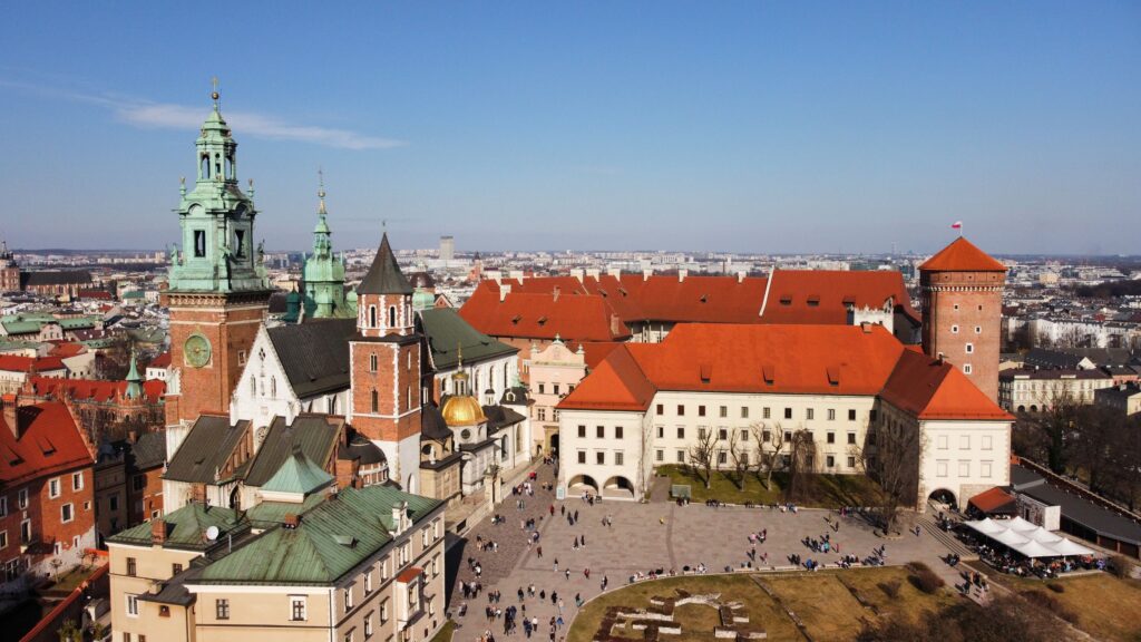 Stunning aerial view of Wawel Castle in Krakow, showcasing architectural beauty and historical significance.